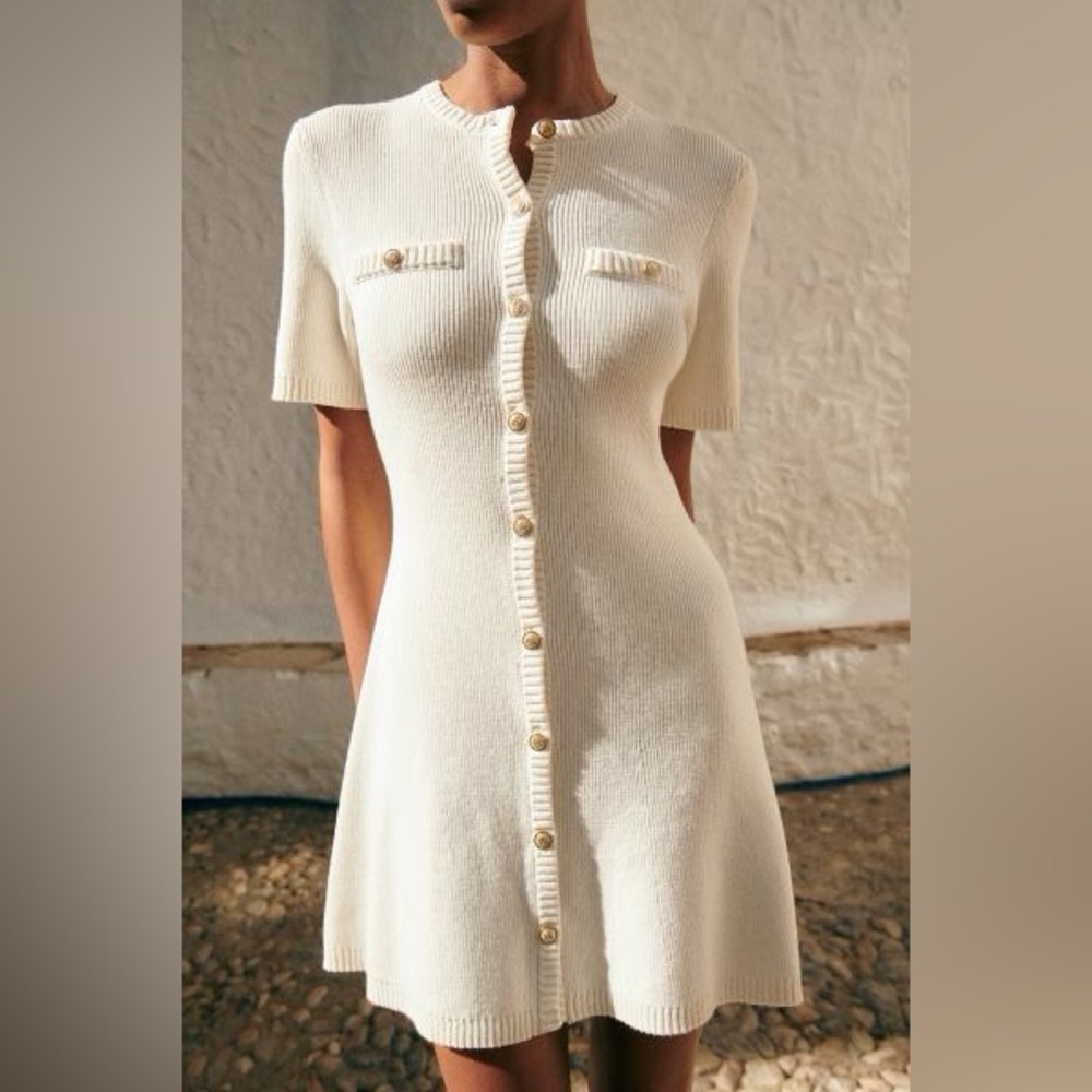 NWT H&M 100% Cotton Rib-knit Fitted Button Front Dress White S M L XL XXL